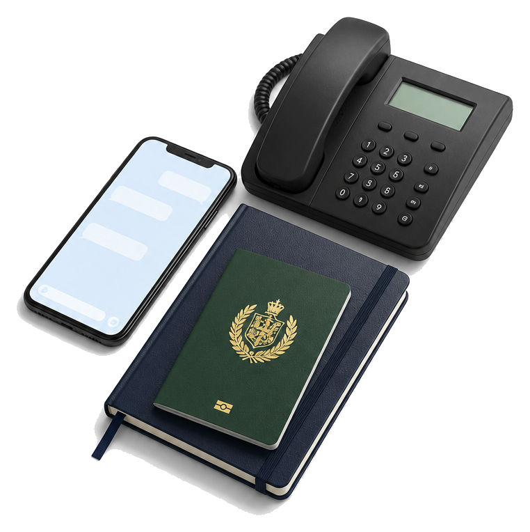 Phone, passport and notebook for a first consultation