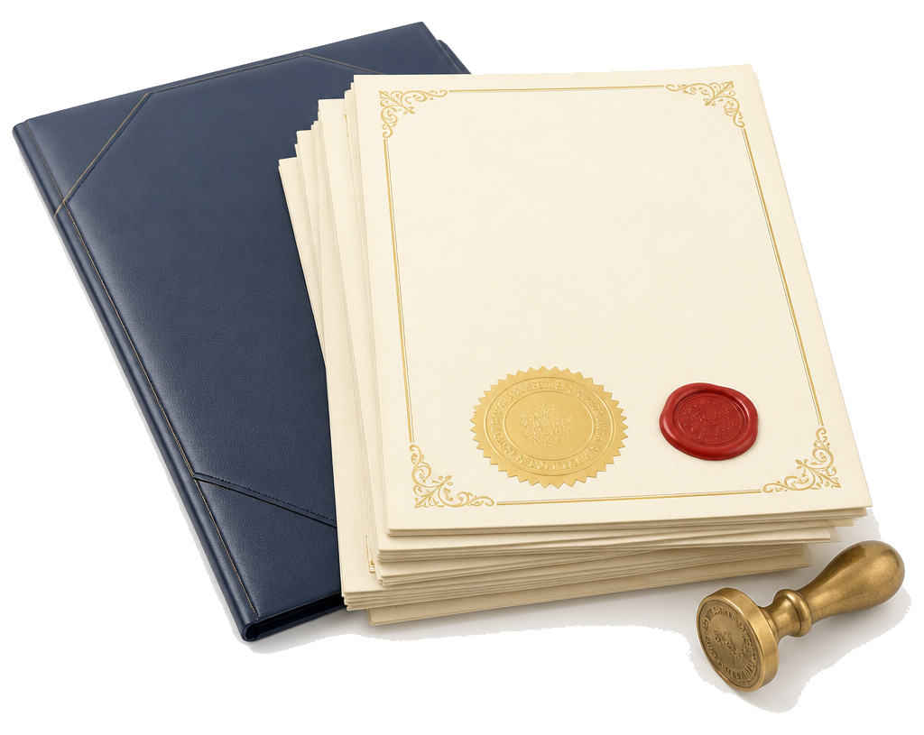 Certificates, wax seals and a brass stamp for document attestation