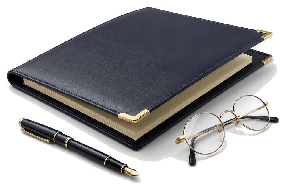 Navy document folio, fountain pen and glasses