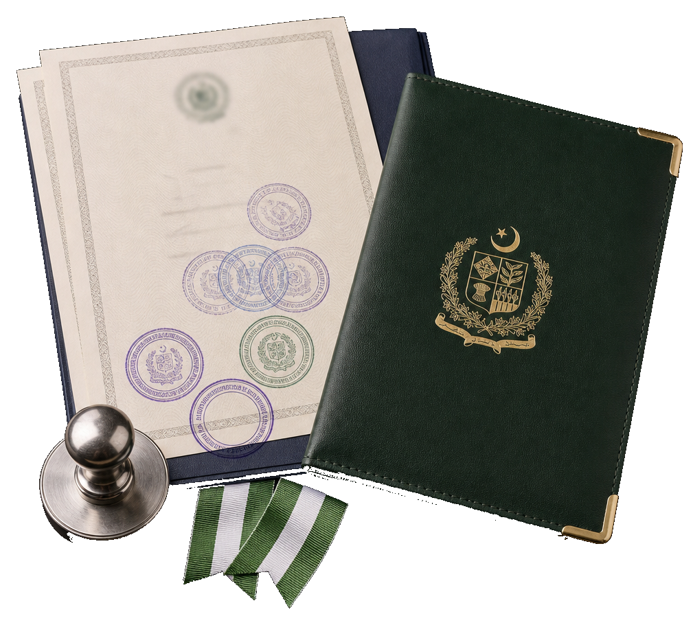 Stamped certificates and a Pakistan ministry folder for MOFA attestation