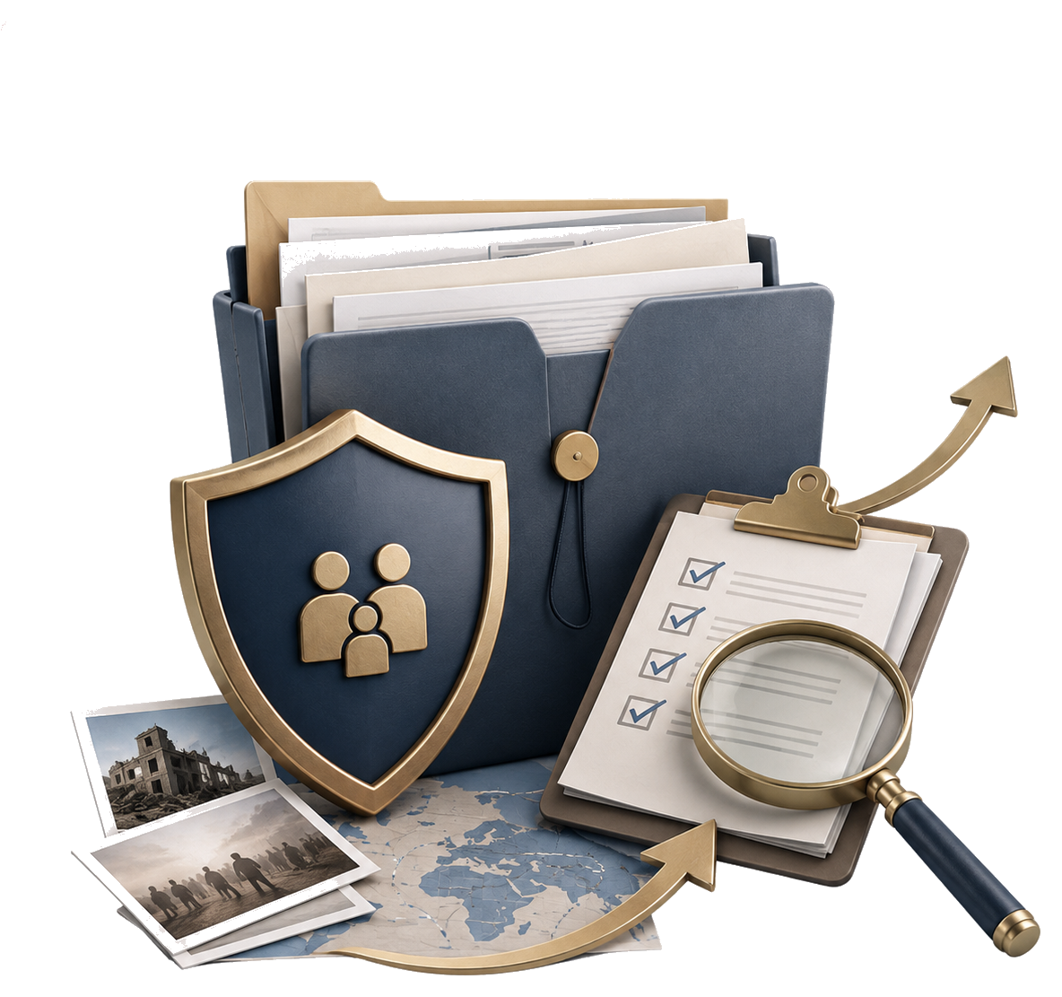 Shield, clipboard and documents for asylum case review