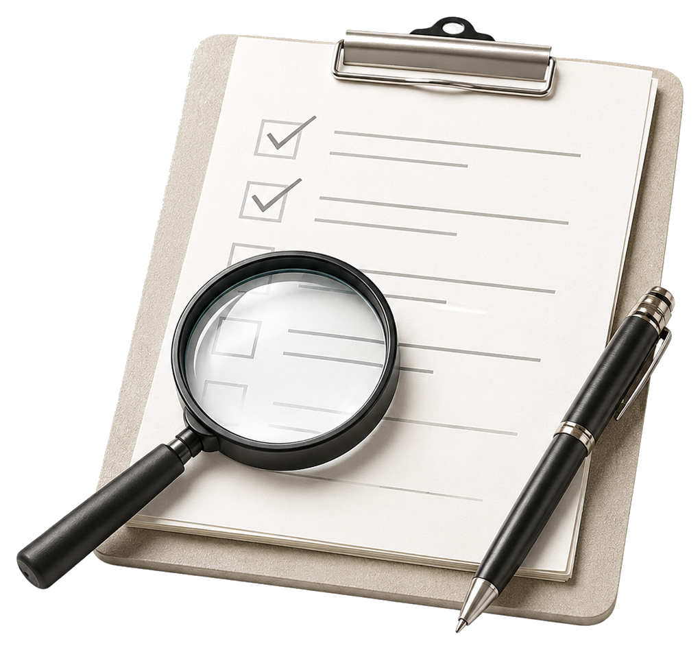 Checklist, magnifying glass and pen for visa refusal review