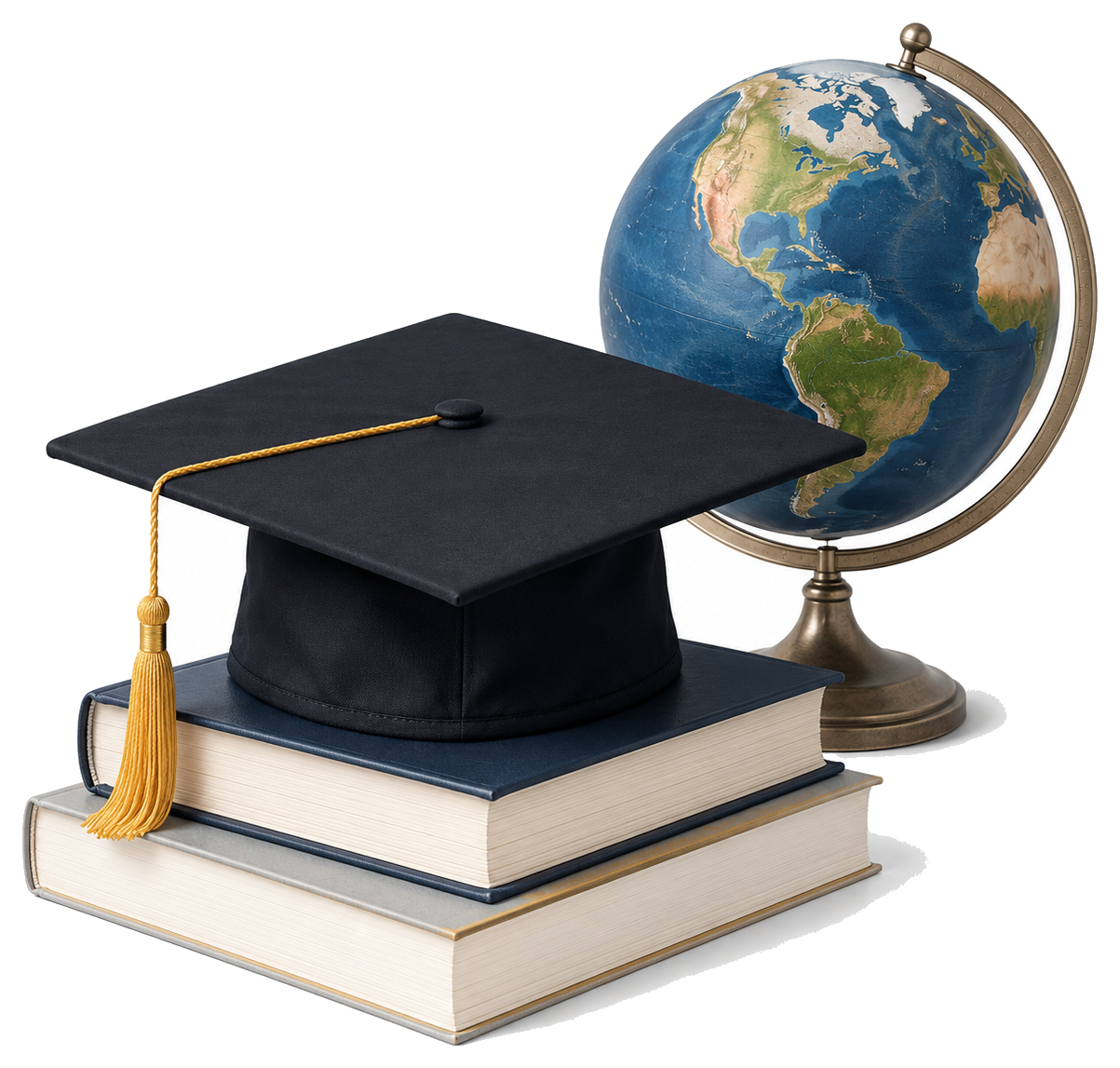 Graduation cap, books and globe for student visa filing