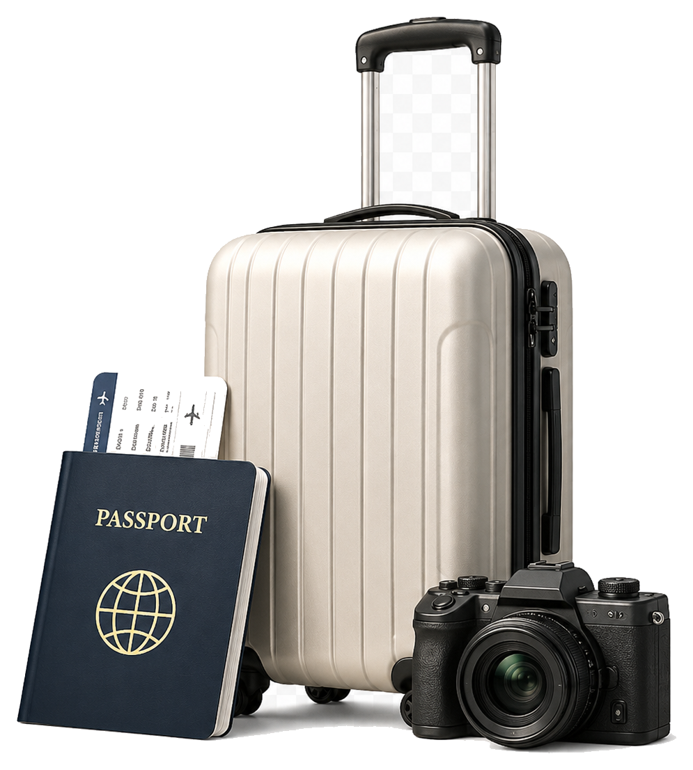 Suitcase, passport and camera for visit visa planning