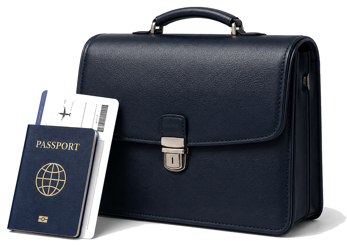 Briefcase, passport and boarding pass for work visa file preparation