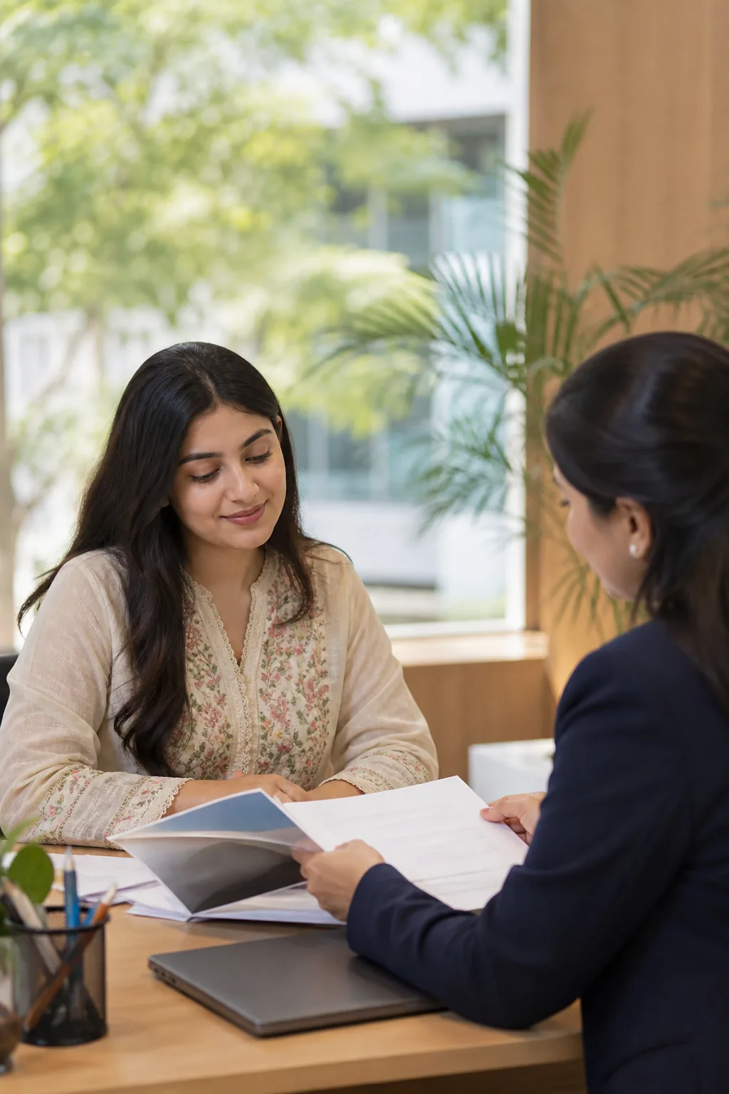 Advisor reviewing a university offer with a student
